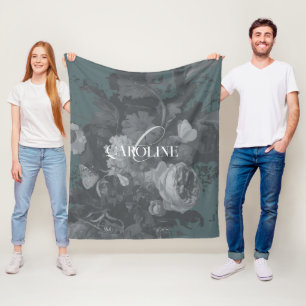 Slate Green Vintage Floral Still Life Stylish Fleece Blanket