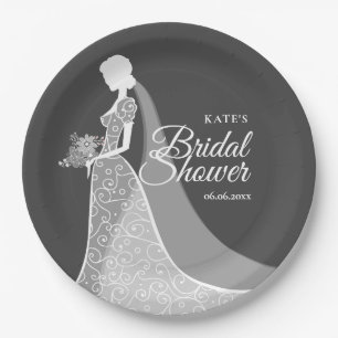 Slate Grey and White Elegant Lace Gown Bridal Paper Plate