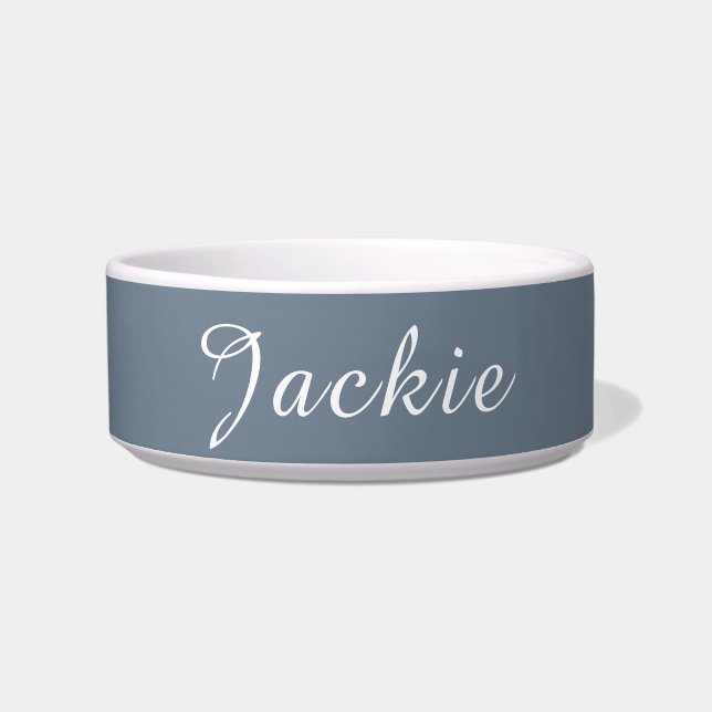 Slate Grey and White Minimal Handwritten Name Pet Bowl (Front)