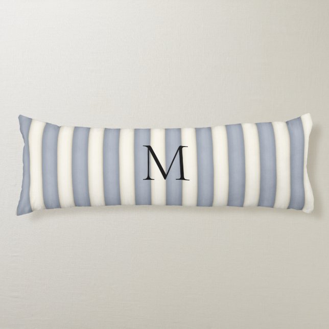 Slate Grey & Antique White Stripes Monogrammed Body Cushion (Front)