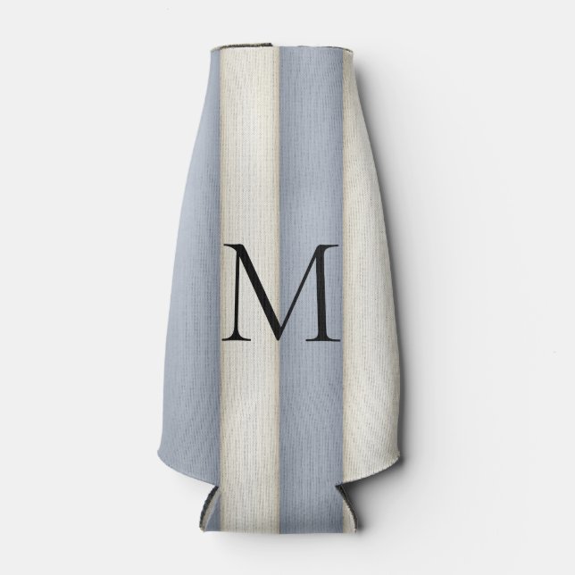 Slate Grey & Antique White Stripes Monogrammed Bottle Cooler (Front)