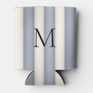Slate Grey & Antique White Stripes Monogrammed Can Cooler
