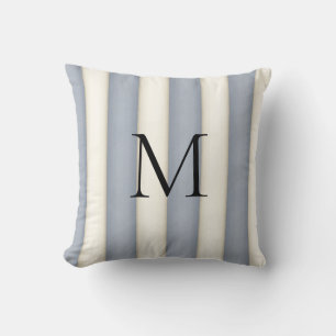 Slate Grey & Antique White Stripes Monogrammed Cushion