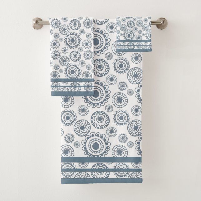 Slate Grey Blue Circle Flower Pattern  Shower Curt Bath Towel Set (Insitu)