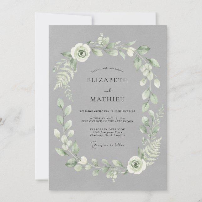 Slate Grey Elegant Foliage Wedding Invitation (Front)