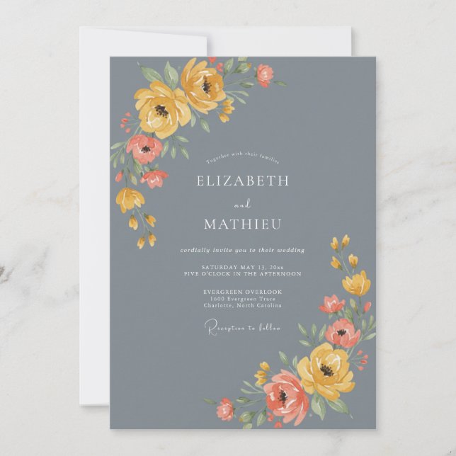 Slate Grey Floral Bloom Wedding Invitation (Front)