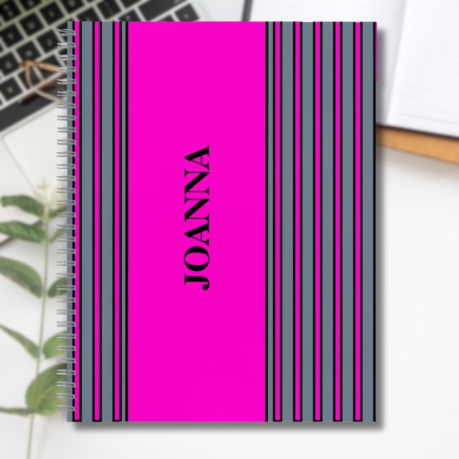 Slate Grey Fuchsia Elegant Stripes Name  Notebook (Creator Uploaded)