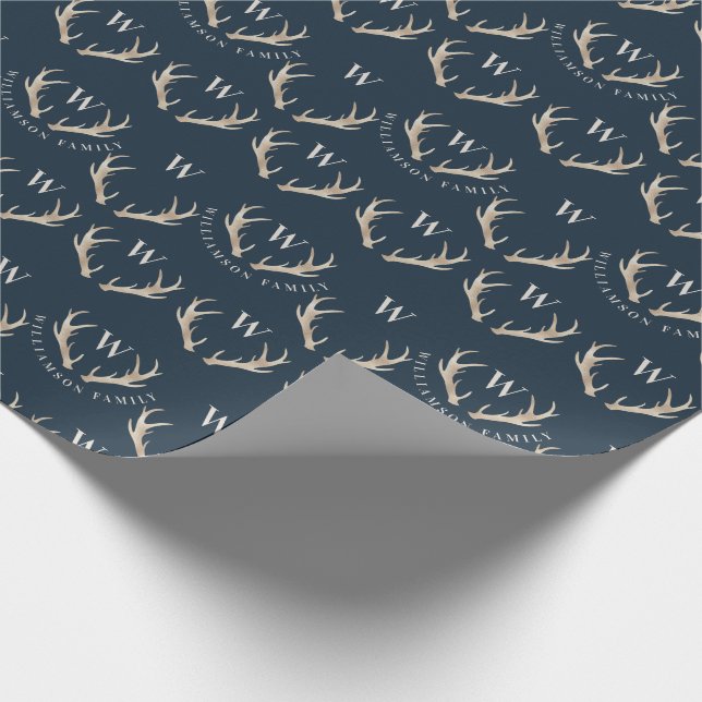 Slate Grey & Gold Antlers & Monogram Christmas Wrapping Paper (Corner)