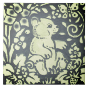 Slate Grey Green Bear Cub Floral Woodland Nature Tile