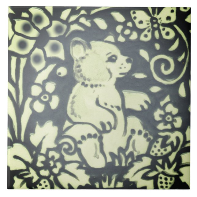 Slate Grey Green Bear Cub Floral Woodland Nature Tile (Front)