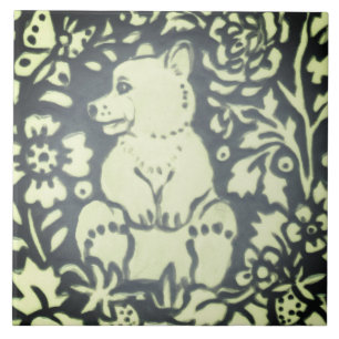 Slate Grey Green Bear Cub Floral Woodland Nature Tile