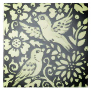 Slate Grey Green Bird Floral Foliage Woodsy Nature Tile