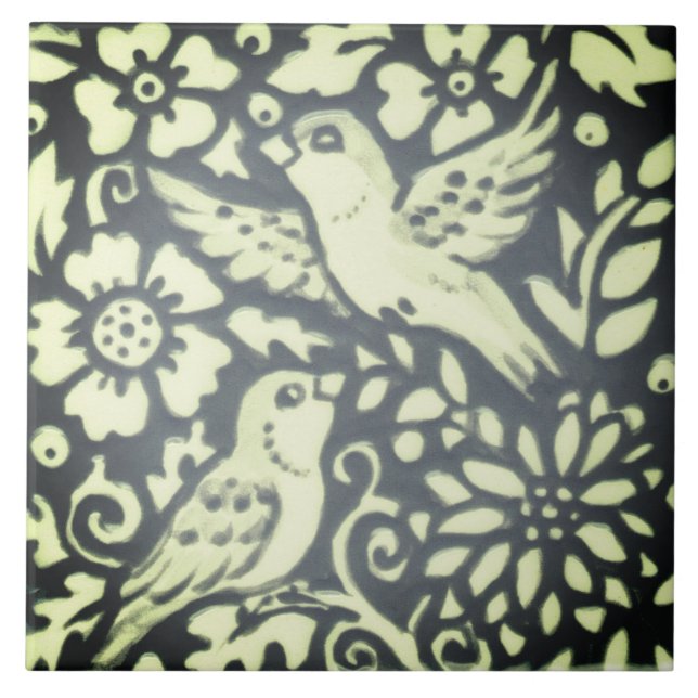 Slate Grey Green Bird Floral Foliage Woodsy Nature Tile (Front)