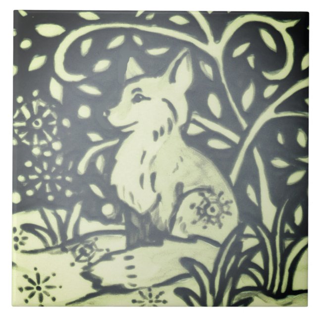 Slate Grey Green Fox Winter Snow Woodland Nature Tile (Front)