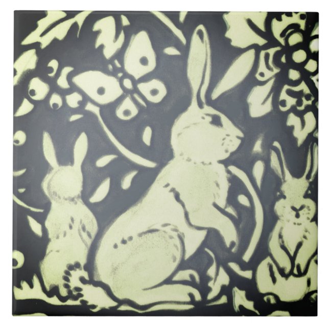 Slate Grey Green Rabbit Floral Woodland Nature Tile (Front)