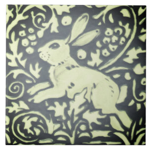 Slate Grey Green Rabbit Floral Woodland Nature Tile