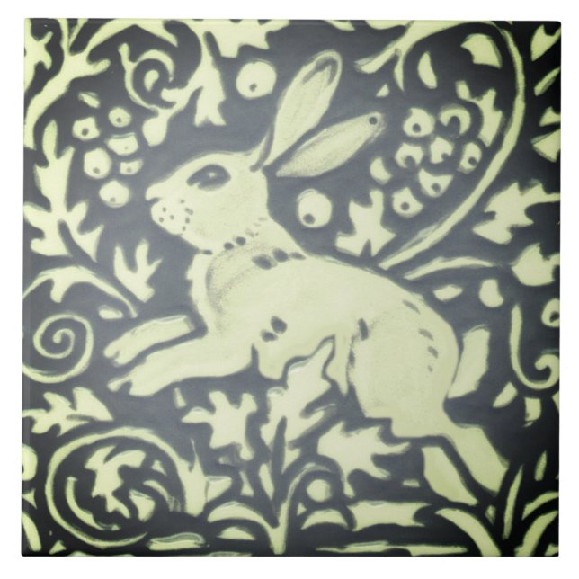 Slate Grey Green Rabbit Floral Woodland Nature Tile (Front)