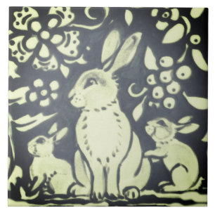 Slate Grey Green Rabbit Floral Woodland Nature Tile