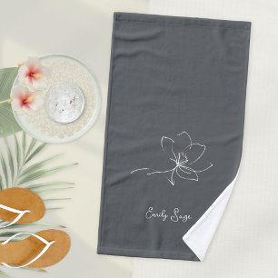 Slate Grey Ivory Floral Line Art Minimalist Zen Hand Towel