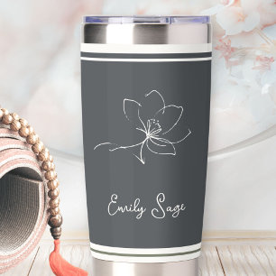 Slate Grey Ivory Floral Line Art Striped Insulated Tumbler