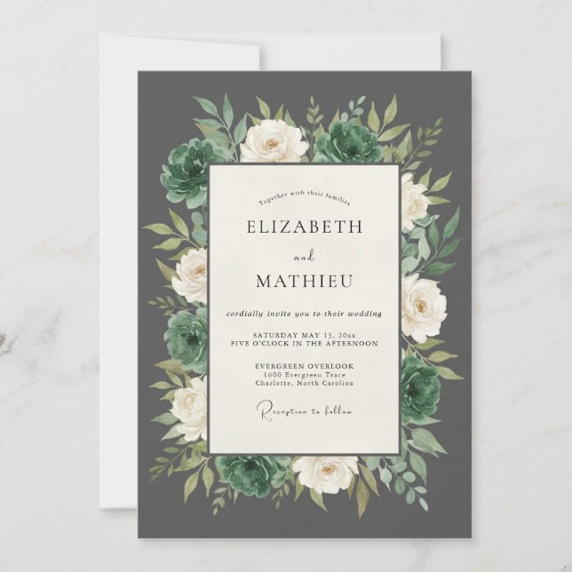 Slate Grey Lush Botanical Wedding Invitation (Front)