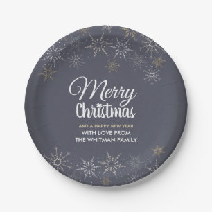 Slate Grey Merry Christmas Snowflakes Paper Plate