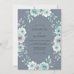 Slate Grey Mint Wreath Wedding Invitation