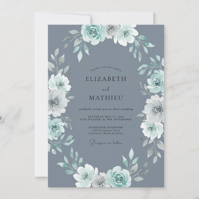 Slate Grey Mint Wreath Wedding Invitation (Front)