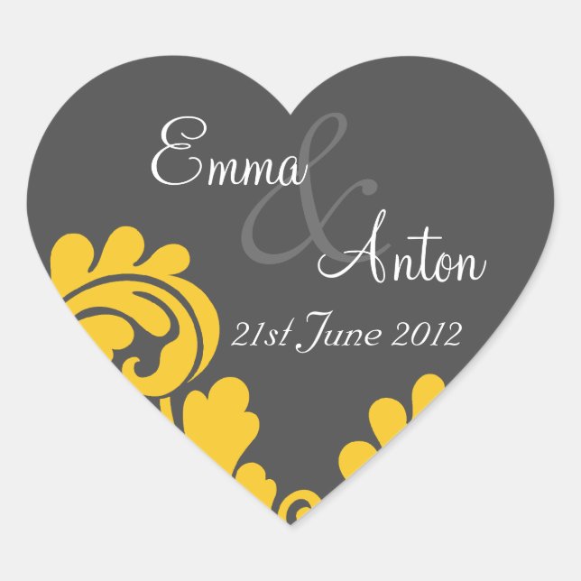 slate grey & yellow damask Save the date sticker (Front)