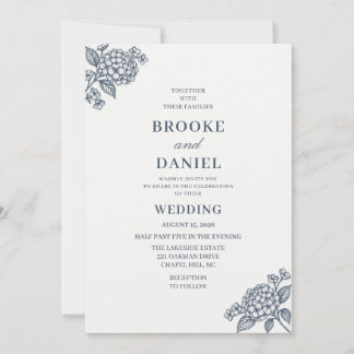 Slate Hydrangea Botanical Line Art Wedding Invitation