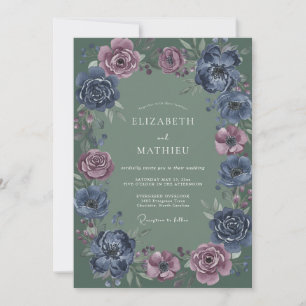 Slate Indigo Mauve Petal Wedding Invitation