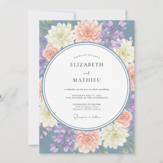 Slate Lavender Dahlia Wedding Invitation (Front)