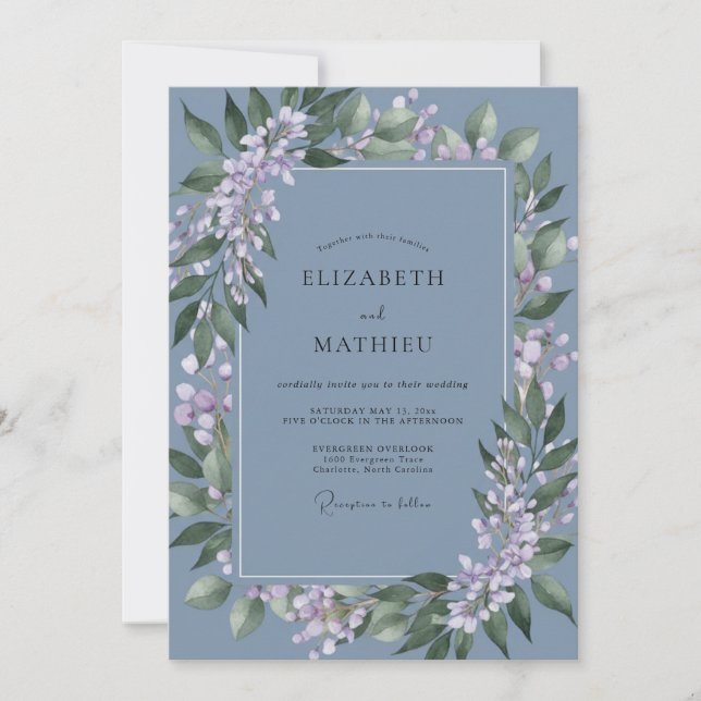 Slate Lilac Wreath Wedding Invitation (Front)