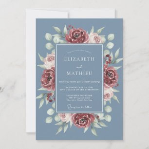 Slate Maroon Ranunculus Eucalyptus Wedding Invitation