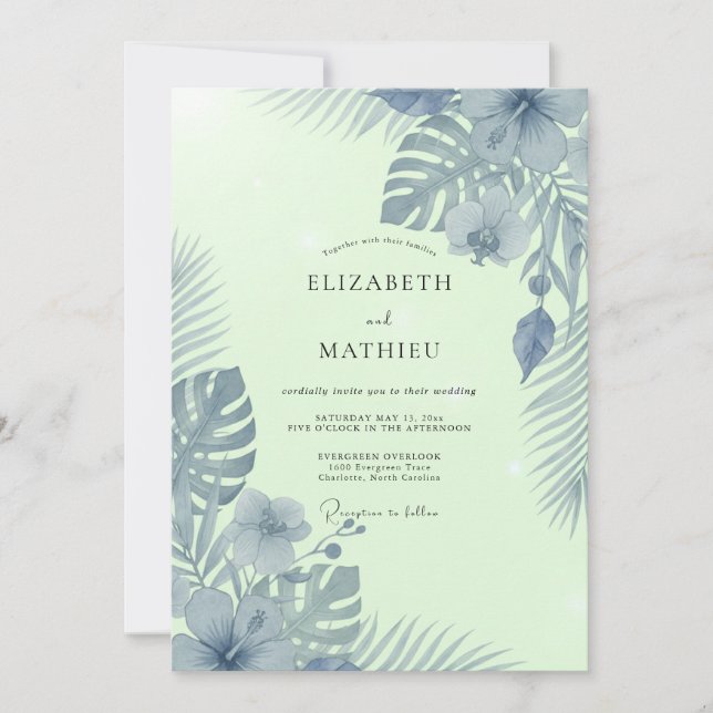 Slate Mint Palm Eucalyptus Wedding Invitation (Front)
