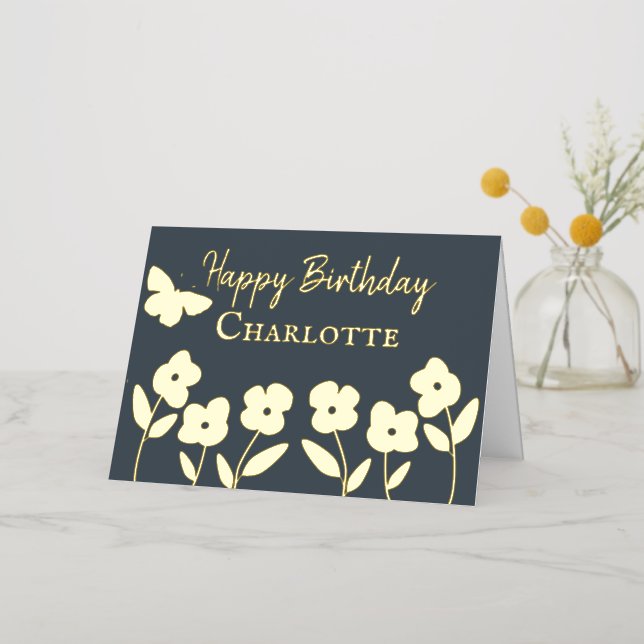 Slate Modern Flowers and Butterfly Custom  Foil Greeting Card (Gold Flower)