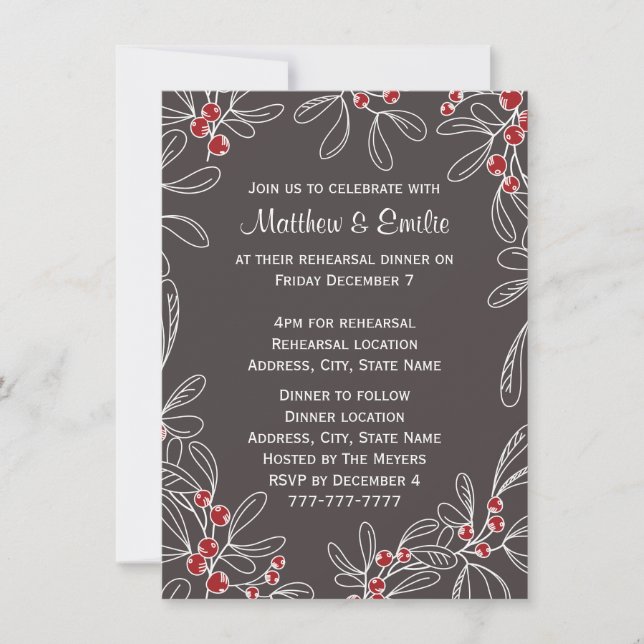 Slate Modern Mistletoe Holiday Rehearsal Dinner Invitation (Front)