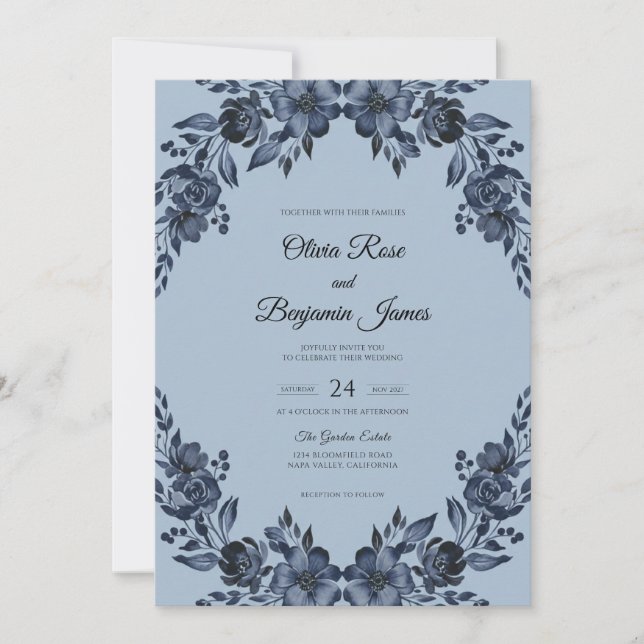 Slate Navy Bloom Wedding Invitation (Front)