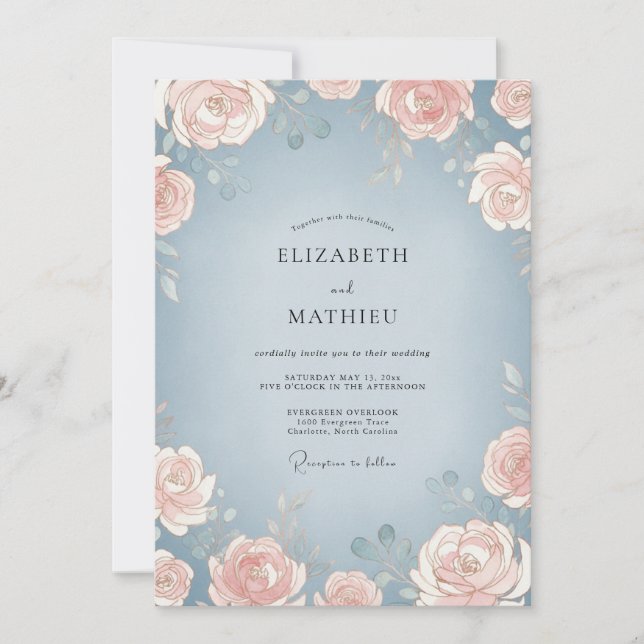 Slate Peach Peony Wedding Invitation (Front)