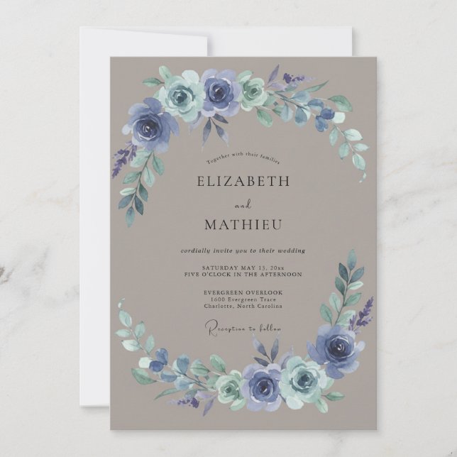 Slate Periwinkle Wreath Wedding Invitation (Front)