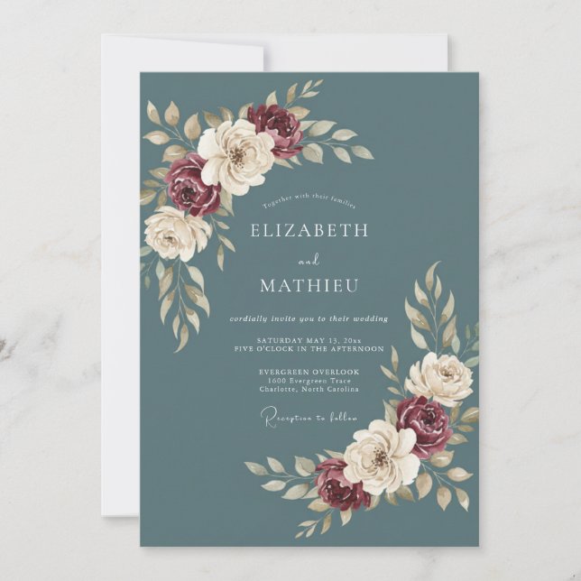 Slate Plum Peony Wedding Invitation (Front)