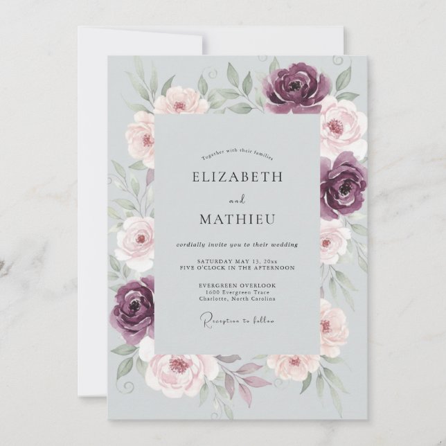 Slate Plum Ranunculus Muted Eucalyptus Wedding Invitation (Front)