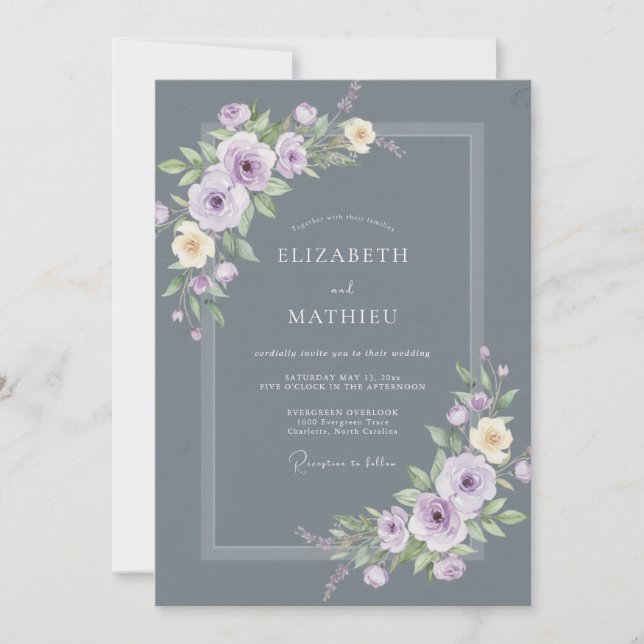 Slate Purple Botanical Embrace Wedding Invitation (Front)