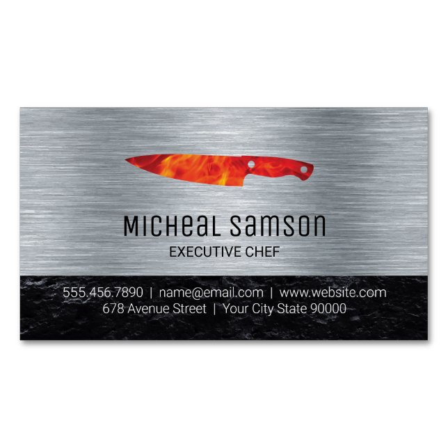 Slate Rock | Fire Knife | Chef | Metallic Magnetic Business Card (Front)