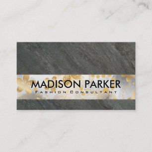 Slate Rock   Gold Floral Pattern Business Card