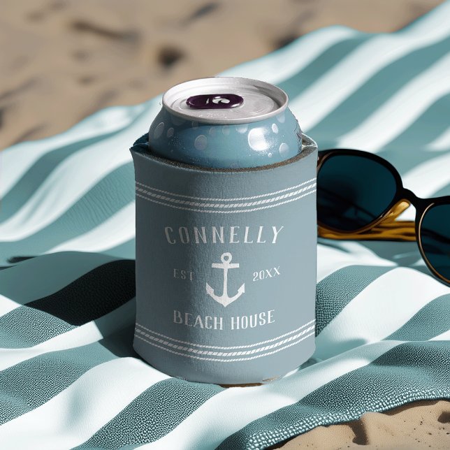 Slate Rustic Anchor Personalised Beach House Can Cooler (Creator Uploaded)