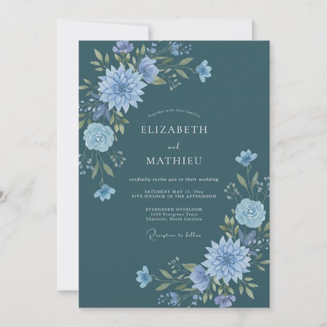 Slate Sapphire Dahlia Wedding Invitation (Front)