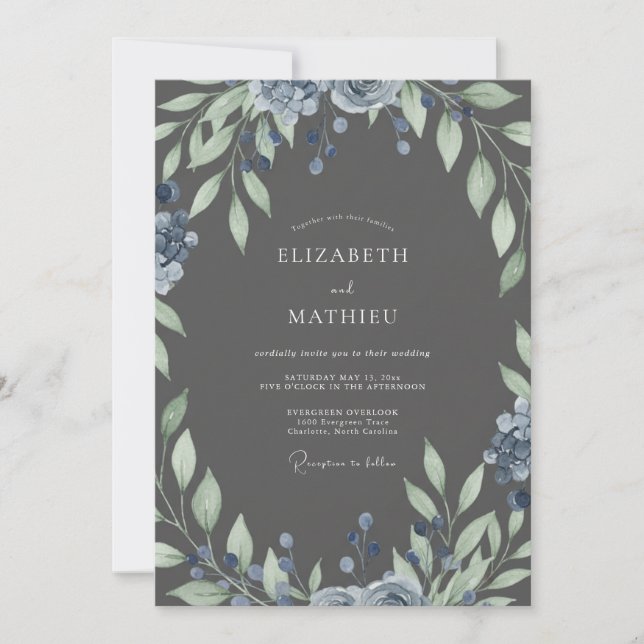 Slate Sapphire Painted Petal Wedding Invitation (Front)