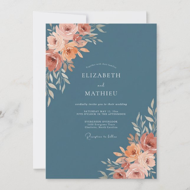 Slate Soft Terracotta Petal Wedding Invitation (Front)