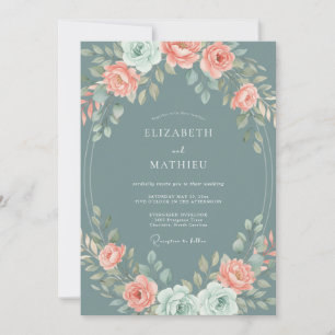 Slate Teal Elegant Botanical Wedding Invitation